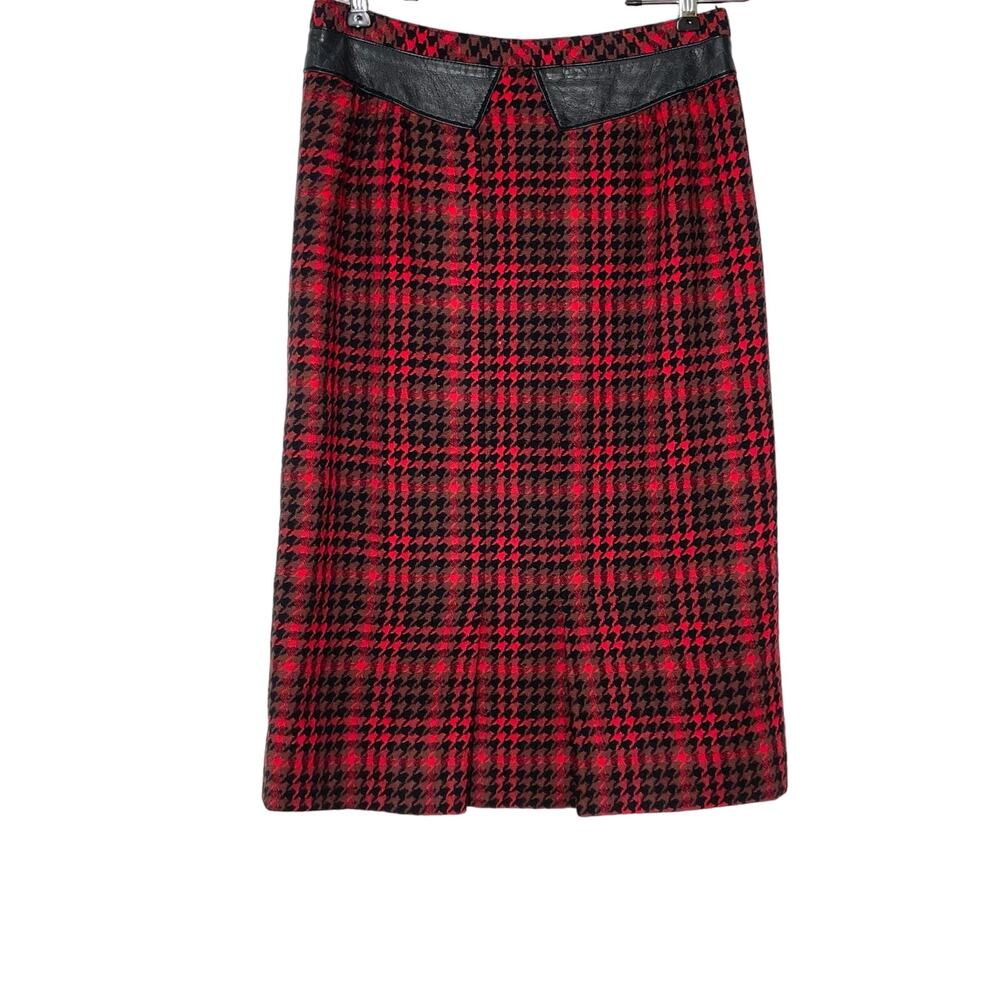 Vintage Women's Sz XS Red Black Houndstooth Plaid Leather Trim Kick Pleat Skirt